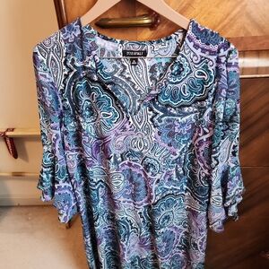 Roz & Ali Teal, Purple and White Paisley V-Neck Tunic Top